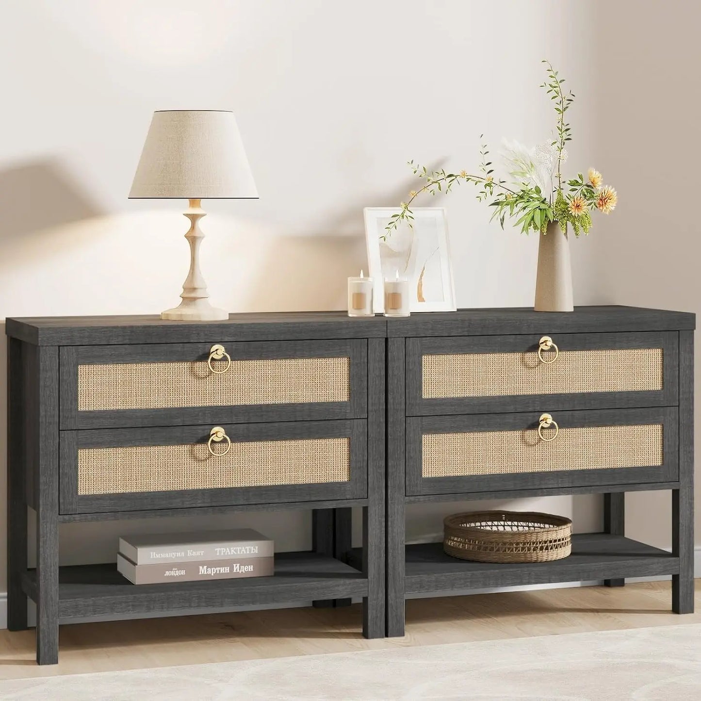 Large White Rattan Nightstands Set of 2, Boho Style with Drawers & Storage Shelf Bedroom Bedside End Table, Custom