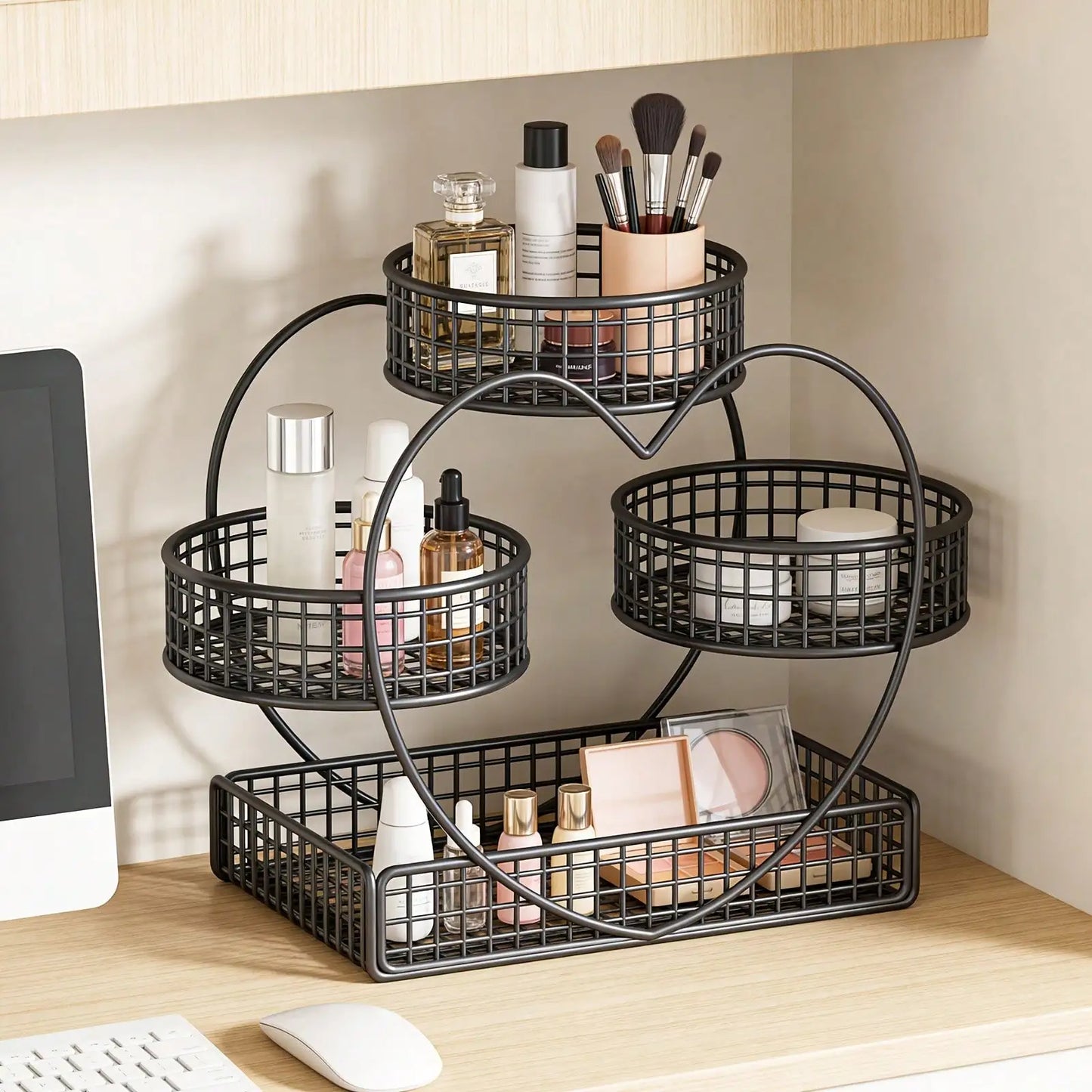 3 Tier Heart Shape Metal Makeup Organizer, Sturdy Vanity Storage Rack for Cosmetics Skincare, Countertop Display Stand for Bathroom Dresser