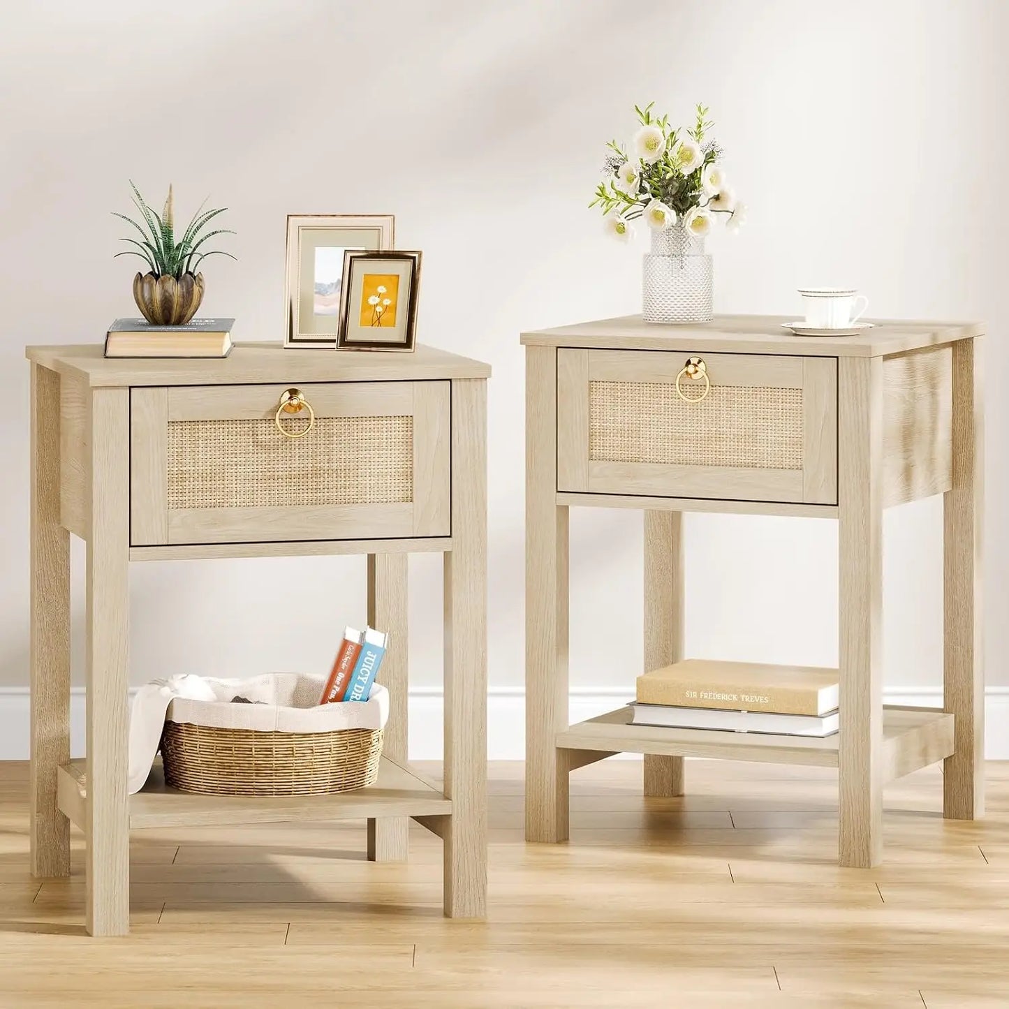 Large White Rattan Nightstands Set of 2, Boho Style with Drawers & Storage Shelf Bedroom Bedside End Table, Custom