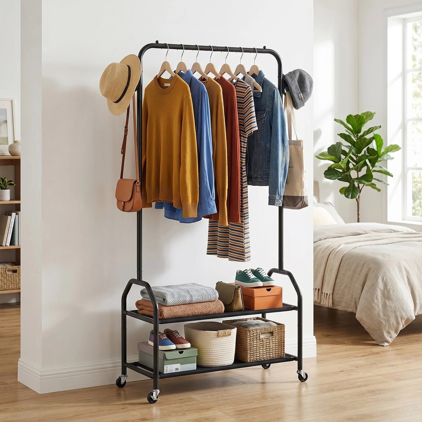 Clothes Rack with 2 Tier Shelves Iron Rolling Clothes Hanger with Universal Wheels Laundry Rack for Bedroom Laundry Living Room
