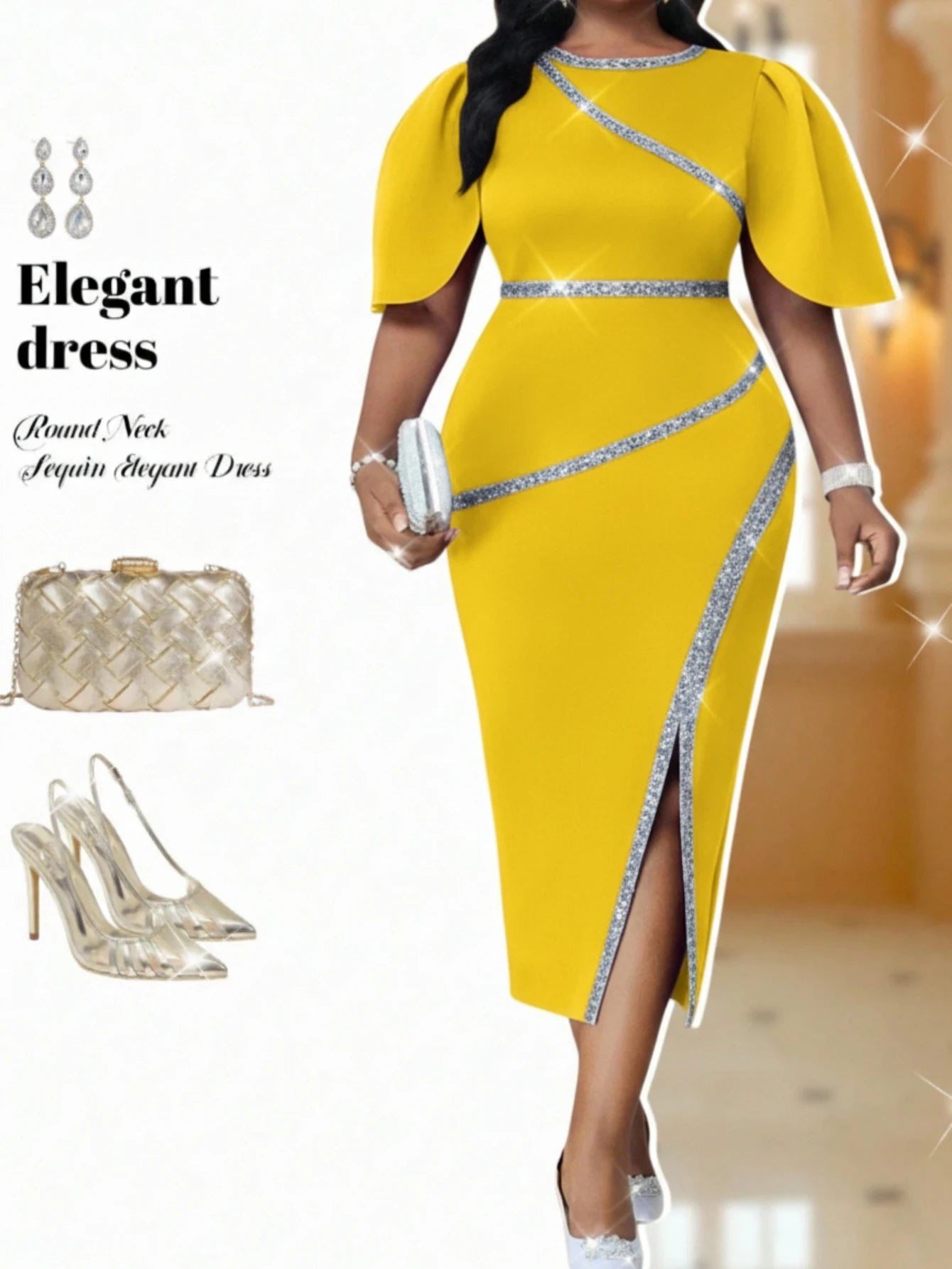 Women's Round Neck Flutter Sleeve Diagonal Decor Split Midi Bodycon Dress Big Size For Formal Dinner Wedding Guest Evening Party Fashion Occasions