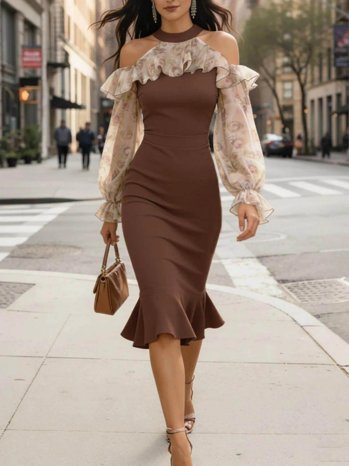 Cold Shoulder Floral Print Midi Dress For Women Ruffle Collar Puff Long Sleeve High Waist Bodycon Mermaid Hem Party Club Dress