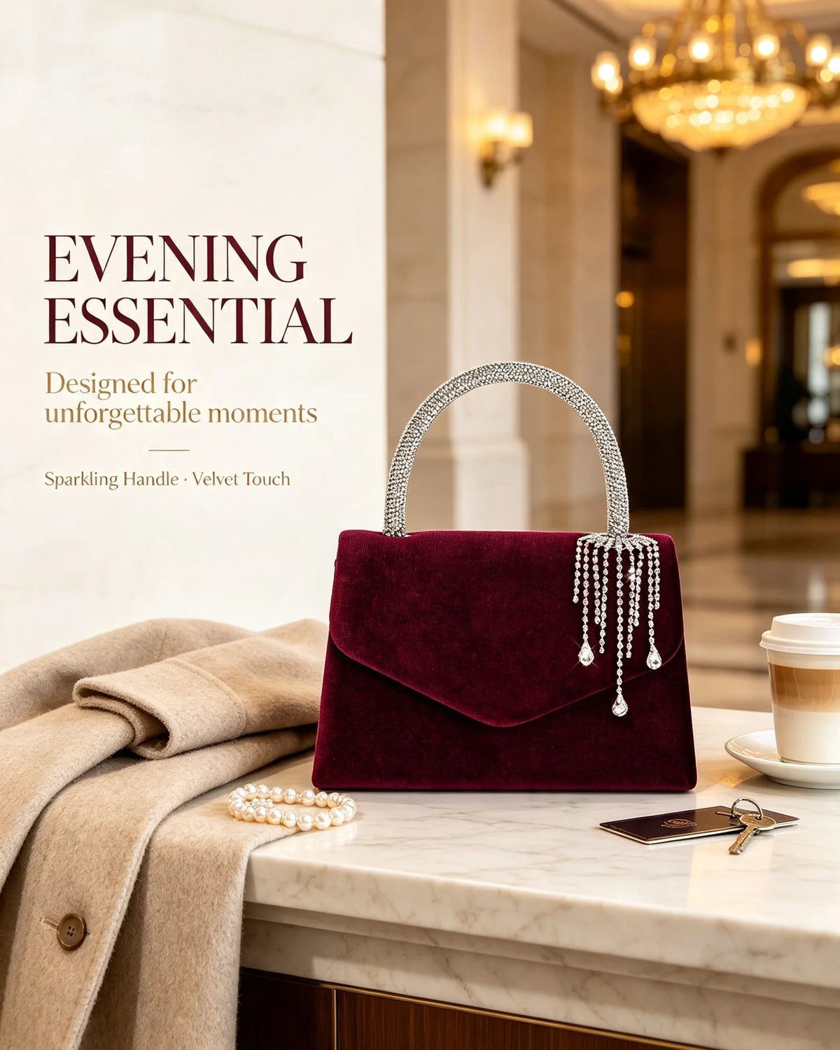 Women's Velvet Envelope Clutch With Rhinestone Tassel Pendant Bag