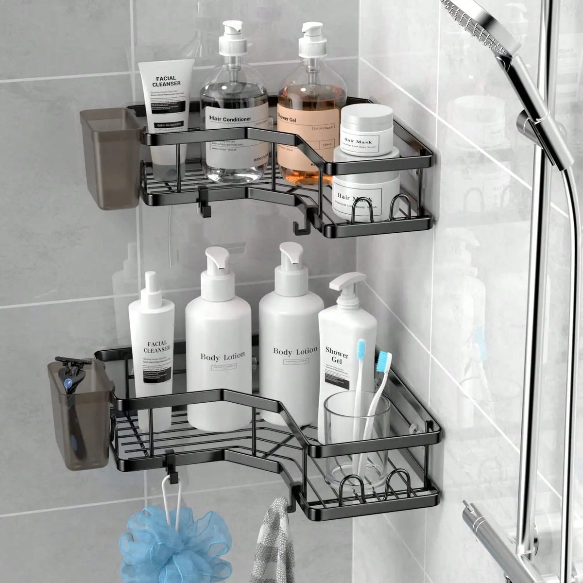 Corner Shower Caddy Adhesive, 2 Packs Shower Organizer With 2 PackSoap Holder And 12 Hooks, Rustproof Corner Shower Shelves, No Drilling Shower Shelf For Inside Shower Back To School