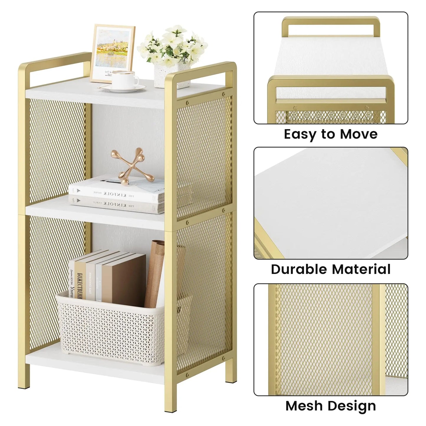 Modern 3-Tier Coffee Table With Storage Shelf, Narrow MDF Side Table With Gold Metal Detail For Living Room, Bedroom, Office, Entryway