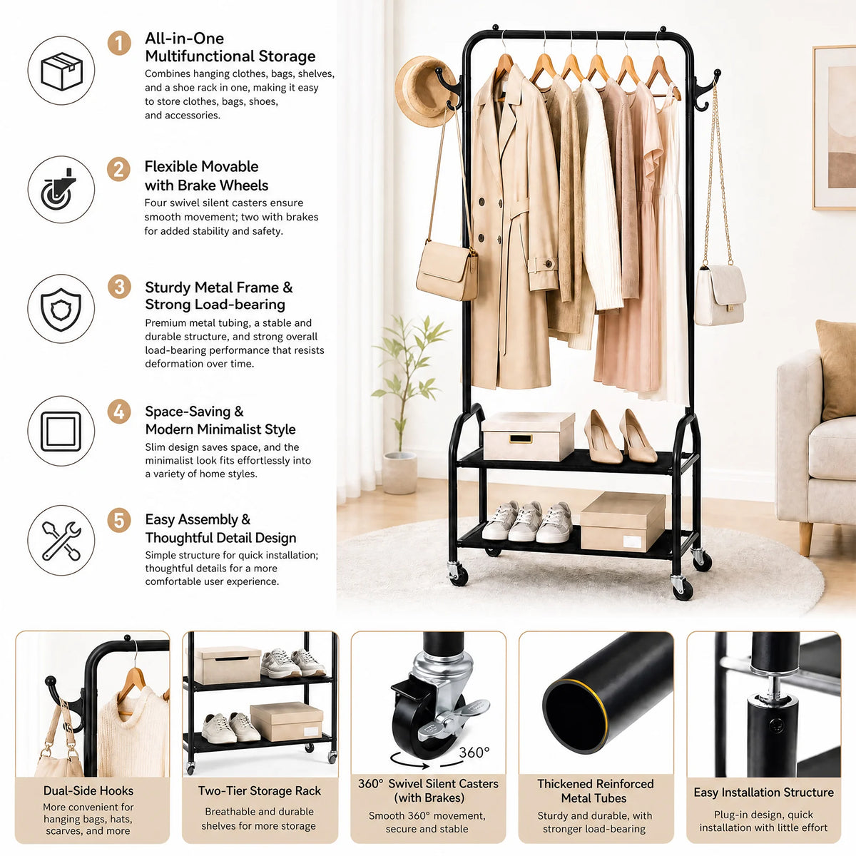 Clothes Rack with 2 Tier Shelves Iron Rolling Clothes Hanger with Universal Wheels Laundry Rack for Bedroom Laundry Living Room
