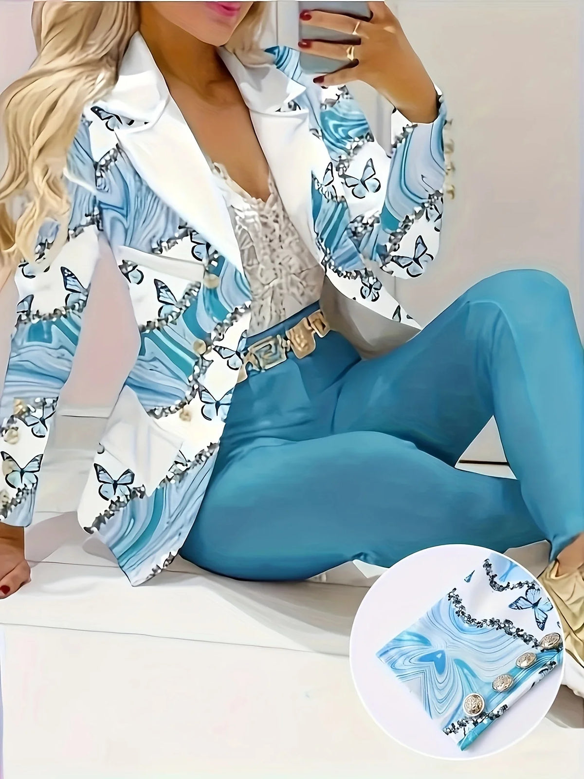 Women's Butterfly Print Lapel Suit Jacket and Slim Pants Set