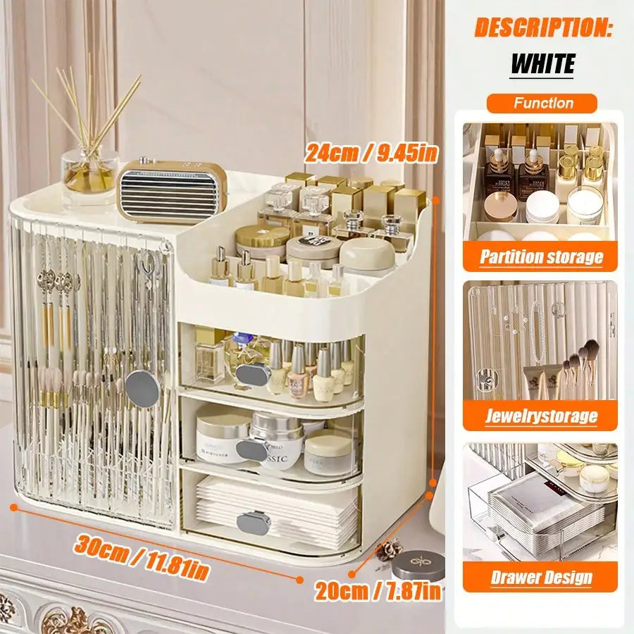 Makeup Organizer with Mirror & Drawers, Large Capacity Cosmetic Storage Box, Semi-Open Vanity Case for Skincare, Bathroom Dressing Table, Office Desk