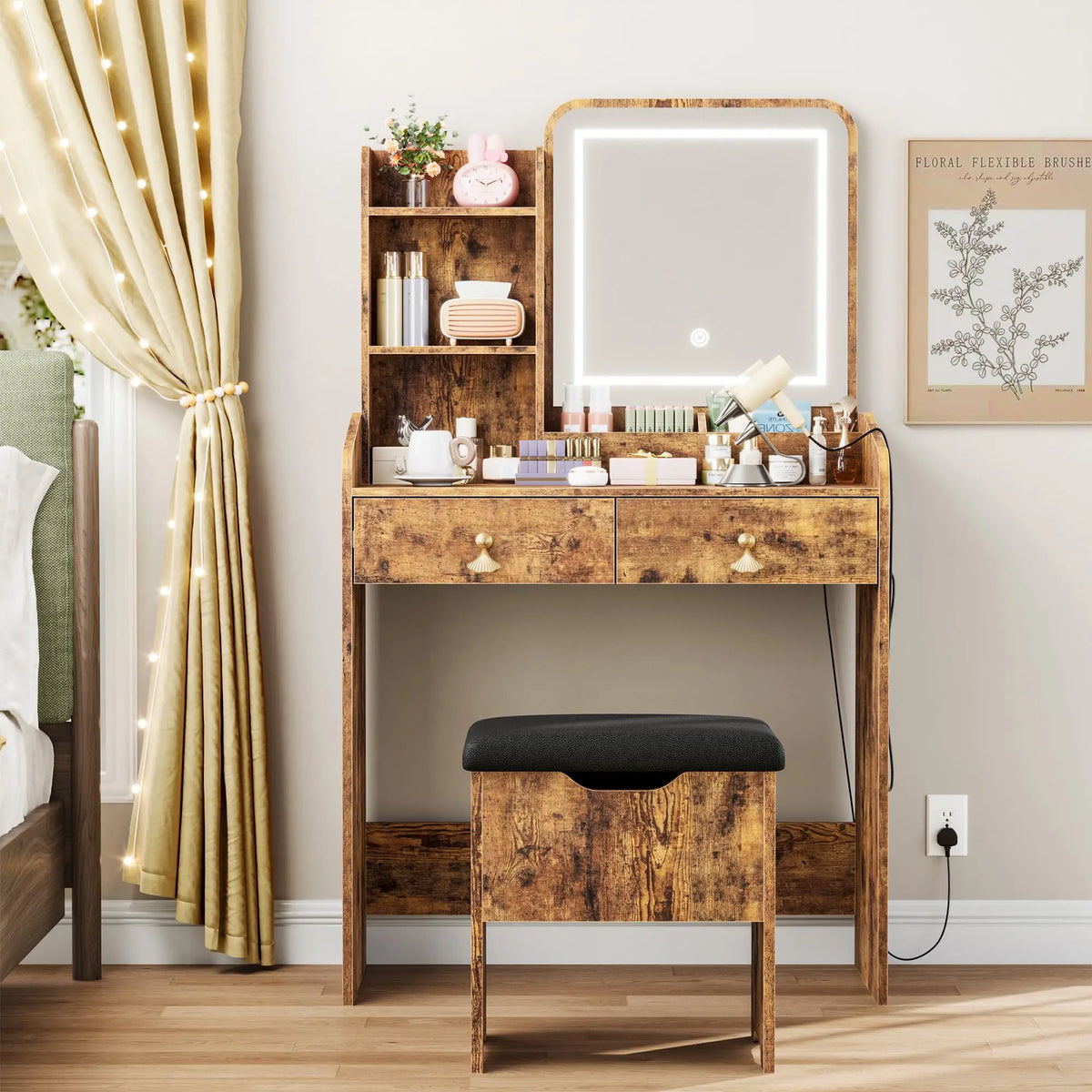 Vanity Desk With LED Lighted Mirror, Charging Station, 2 Drawers, Storage Stool, Mini Makeup Table Set For Bedroom Women & Girls