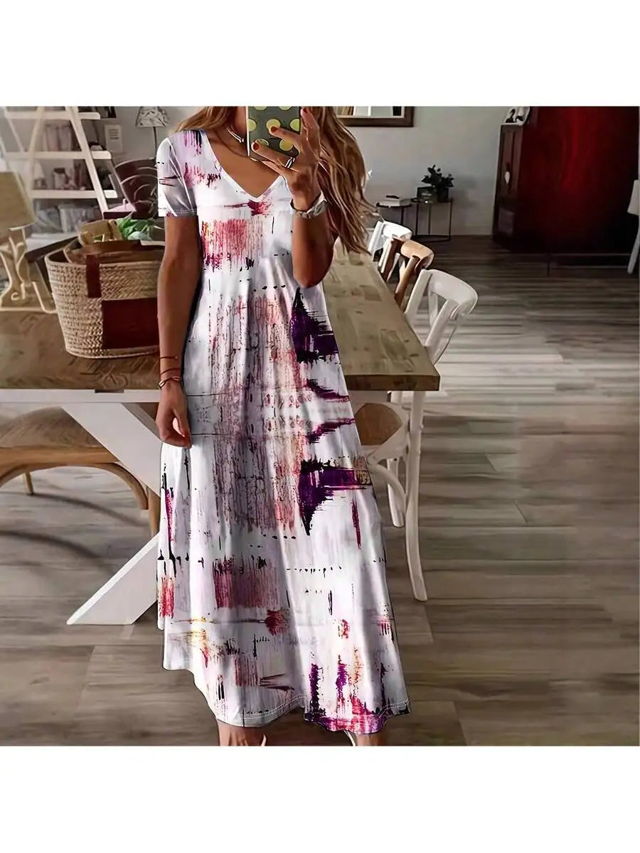 Women Elegant Loose Fit Printed Knit V Neck Casual Dress