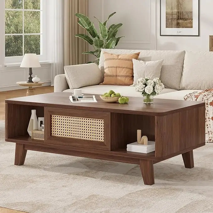 Farini Mid Century Modern Coffee Table with Rattan Drawer, Wood Storage Table for Living Room, Farmhouse Home Furniture