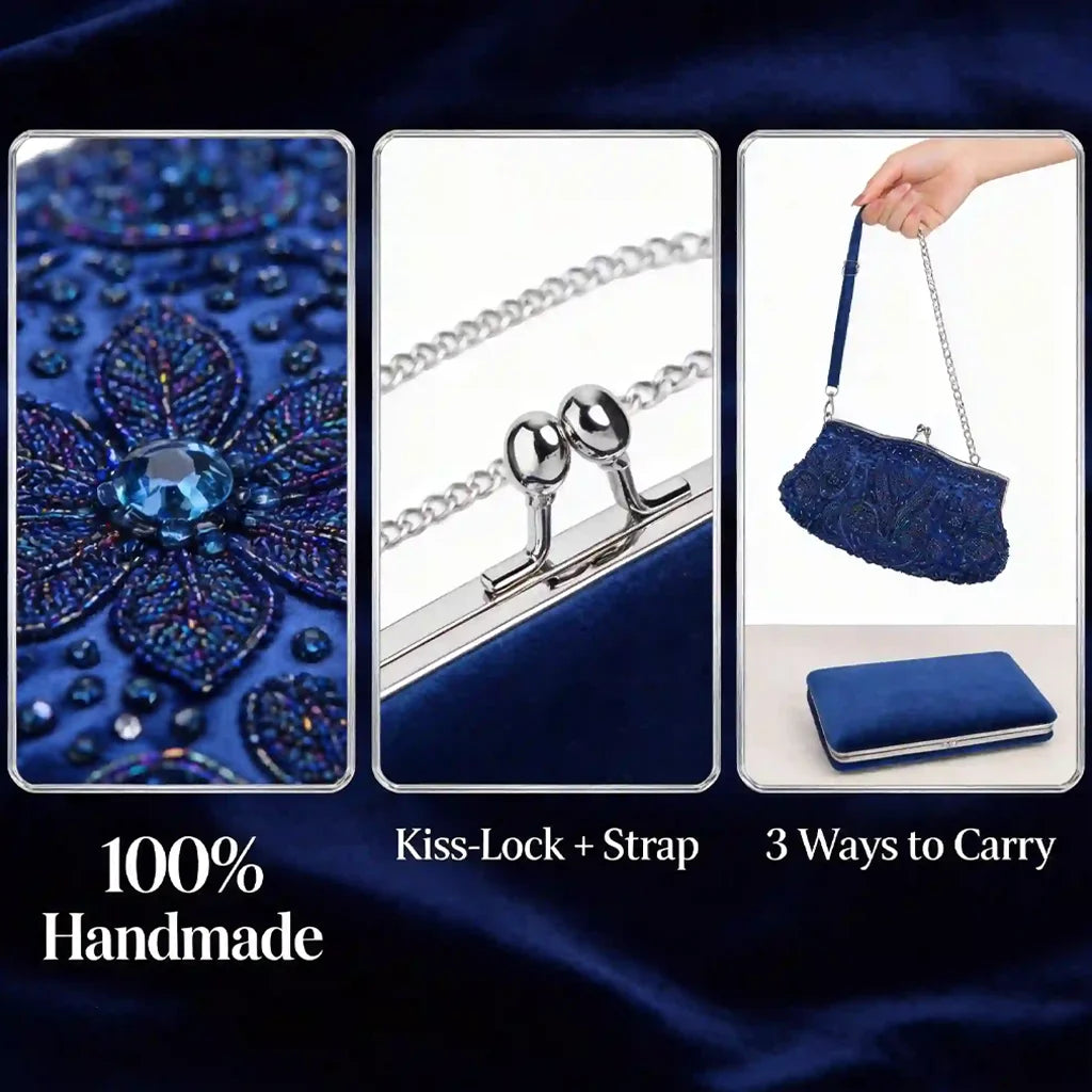 Handmade Beaded Floral Evening Clutch Purse With Kiss Lock