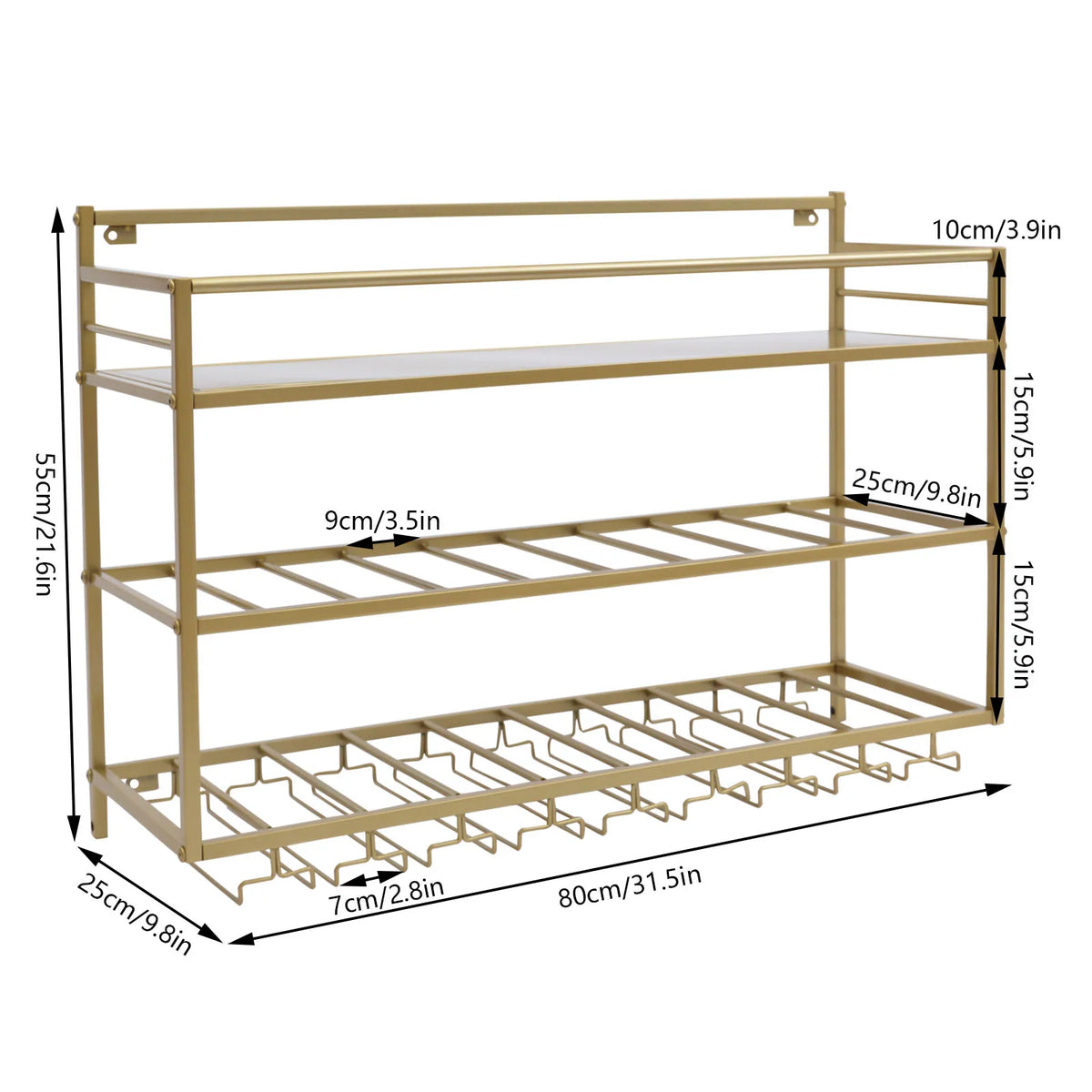 Wine Rack Wall Mounted, 3 Tier Gold Metal Wine Rack 80x25x55cm, 30kg/66lbs Heavy Duty Capacity with Wine Glass Holder, Space Saving Storage for Kitchen Bar Dining Room