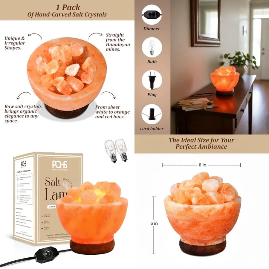 Himalayan Pink Salt Lamp Bowl Authentic from Pakistan, Natural Crystal Chunks, Dimmable Warm Glow Light, Premium Wooden Base Re