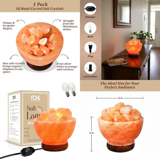 Himalayan Pink Salt Lamp Bowl Authentic from Pakistan, Natural Crystal Chunks, Dimmable Warm Glow Light, Premium Wooden Base Re