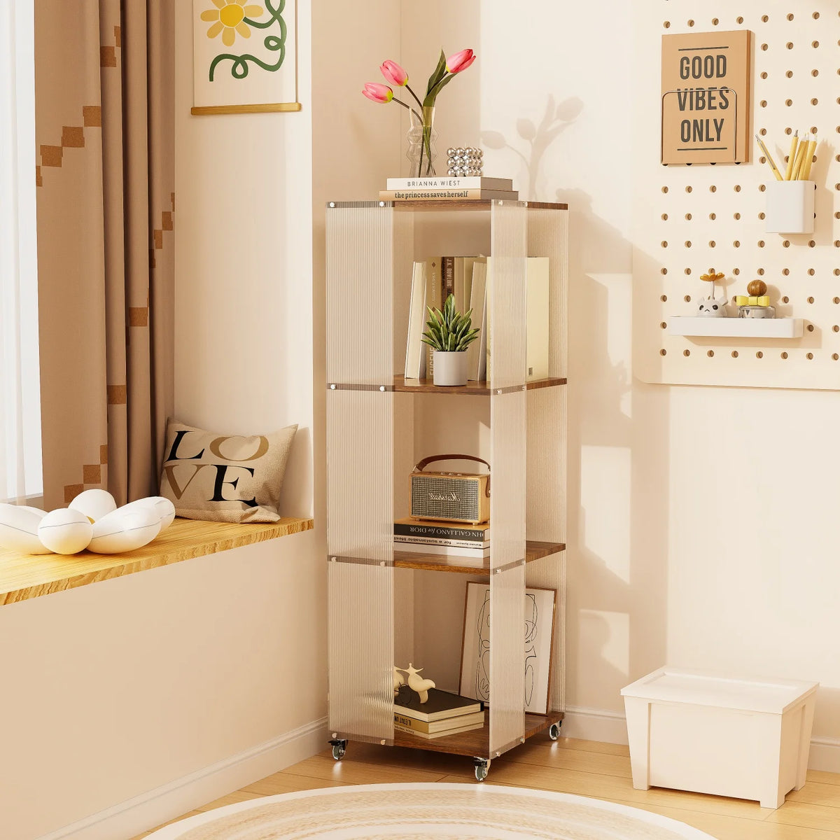 4-Tiered Storage Bookshelf Free Standing Acrylic Panels Storage Rack Shelving Unit on Wheels for Home Organization