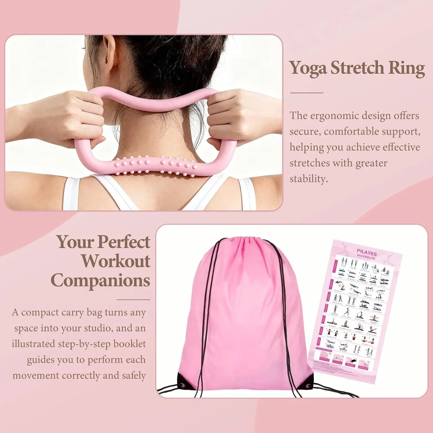 Pink Pilates Ring Kit with 14.5 inch Magic Circle & Foam Roller, Ergonomic Home Workout Equipment Set