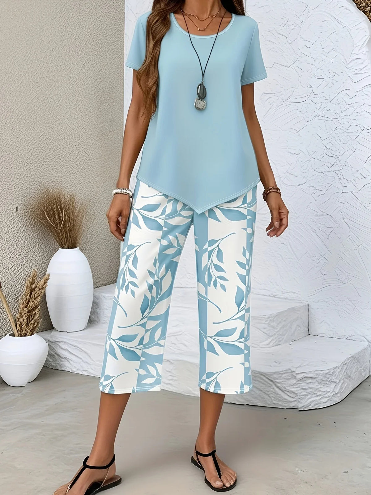 QQRRGK Women Casual Leaf Print Two Piece Pants Set