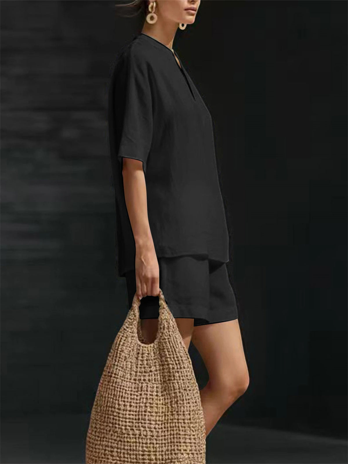 Women Casual Two Piece Short Set V Neck Summer Outfit
