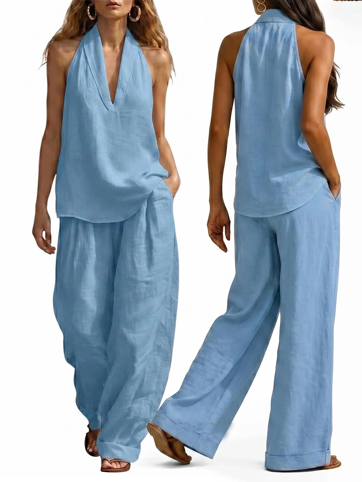 Women's Halter Top And Wide Leg Pants Matching Set