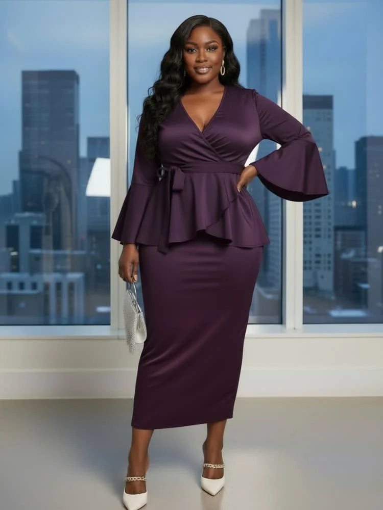 Plus Size V Neck Flare Sleeve Wrap Peplum Top + High Waist Midi Skirt Matching Set For Women Evening Bodycon Two Piece Outfit