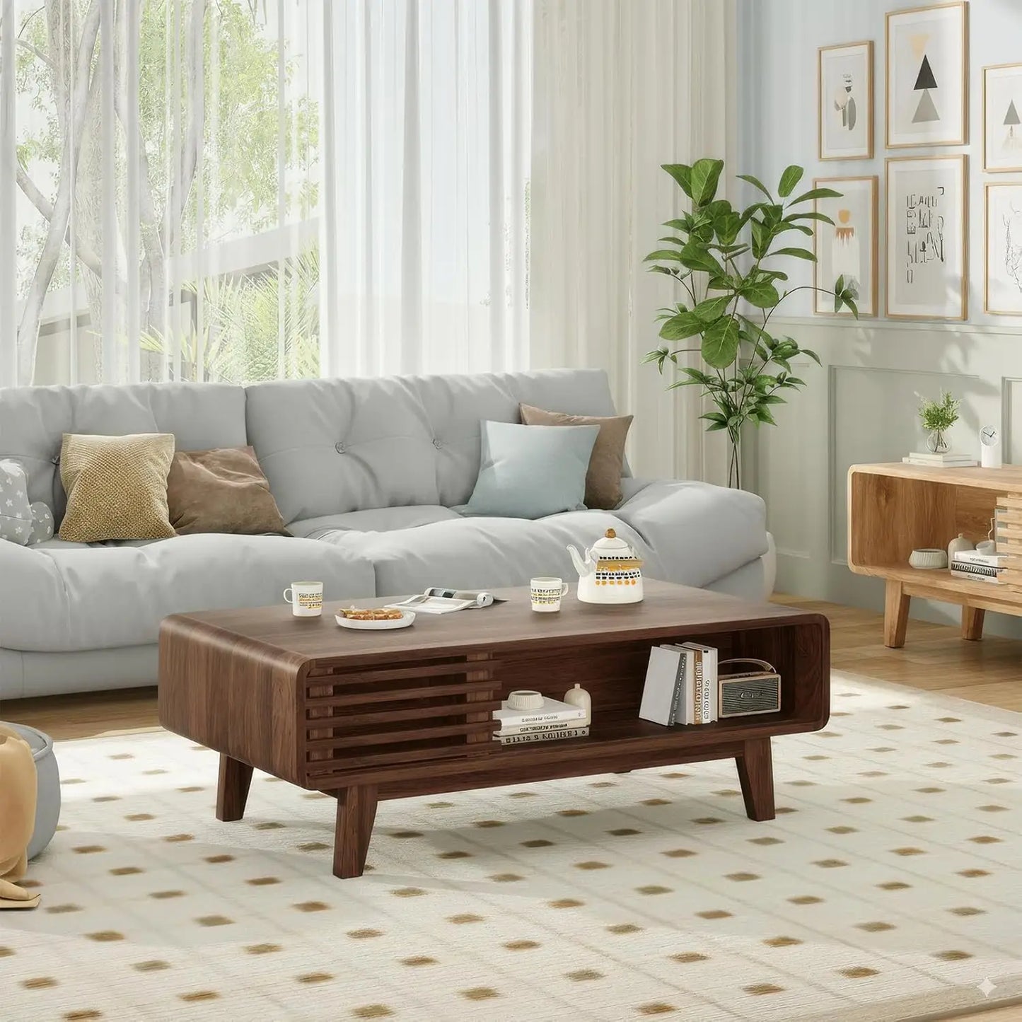 Mid Century Modern Farmhouse Coffee Table with Storage, Wood Table for Living Room, Farmhouse Style