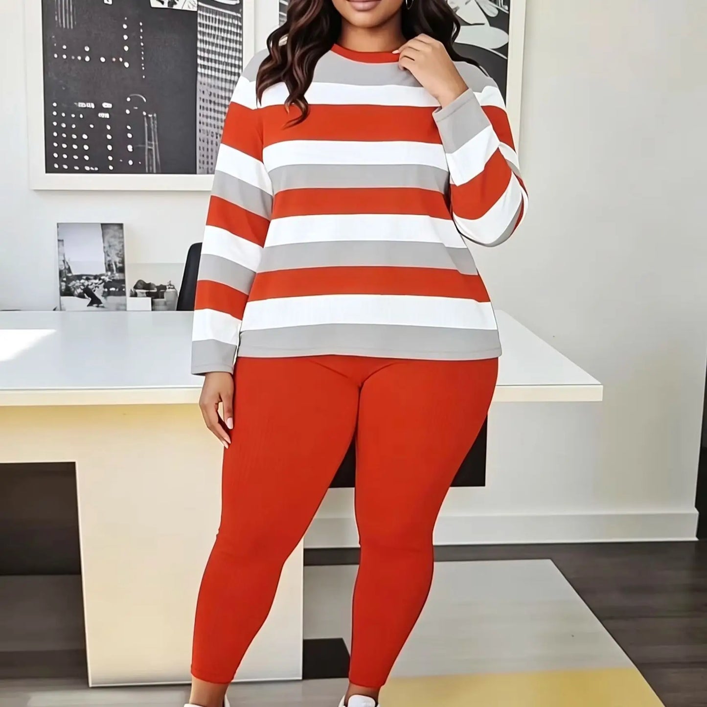 Loose Casual Ribbed Pants And Color Block Striped Top