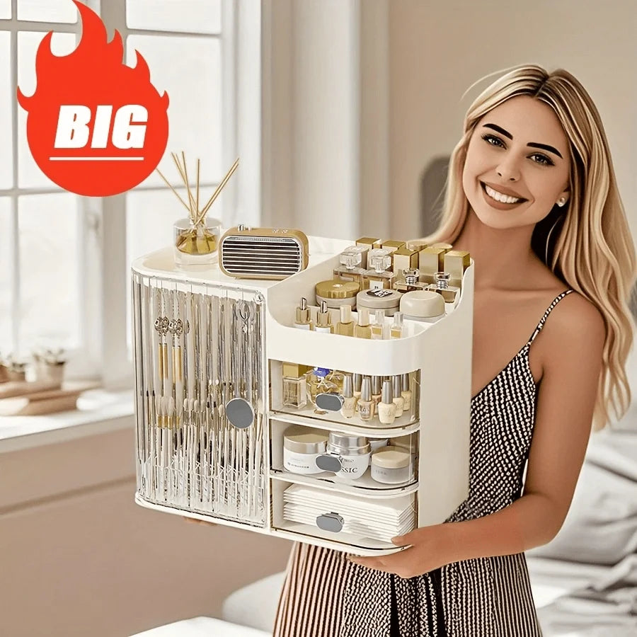 Makeup Organizer with Mirror & Drawers, Large Capacity Cosmetic Storage Box, Semi-Open Vanity Case for Skincare, Bathroom Dressing Table, Office Desk