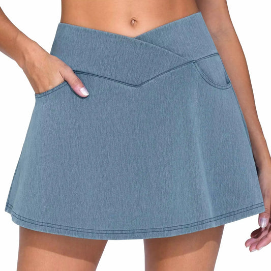 THE GYM PEOPLE Women's Cross Waist Jean Skorts Stretchy Ruffle Denim Skirts with 2 in 1 Shorts Pockets