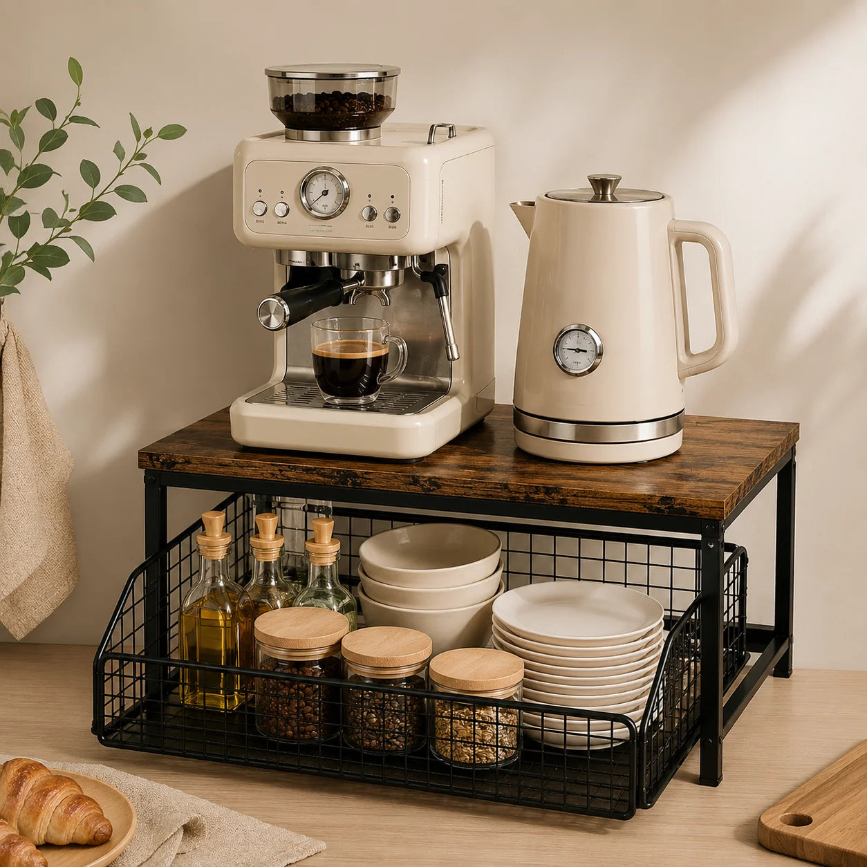 Pull Out Kitchen Counter Organizer with Sliding Wire Basket, Rustic Wood Countertop Storage Shelf for Coffee Station, Spice Rack, Pantry & Bathroom Organization