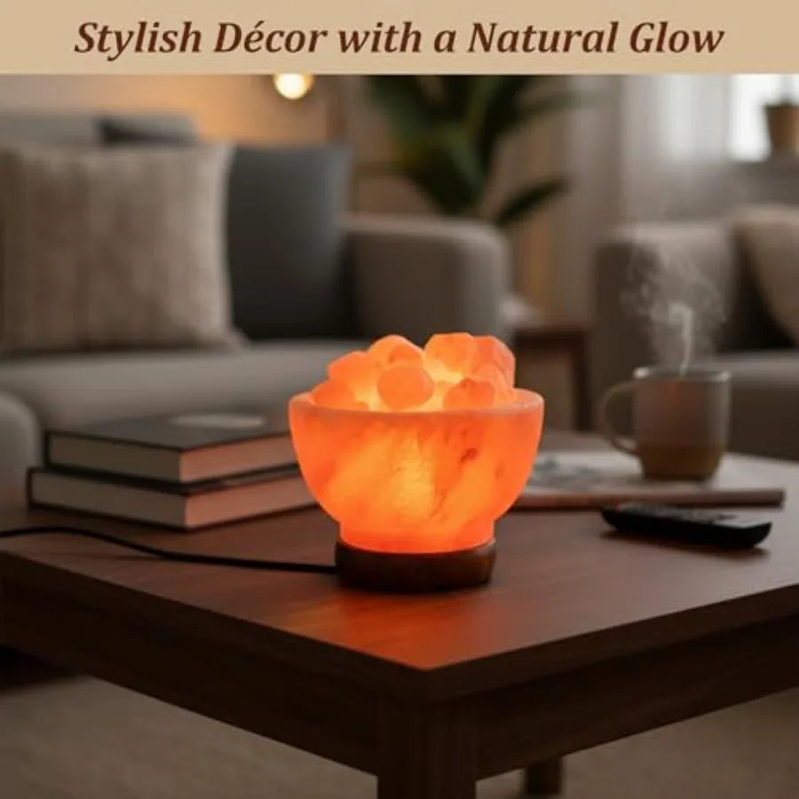 Himalayan Pink Salt Lamp Bowl Authentic from Pakistan, Natural Crystal Chunks, Dimmable Warm Glow Light, Premium Wooden Base Re