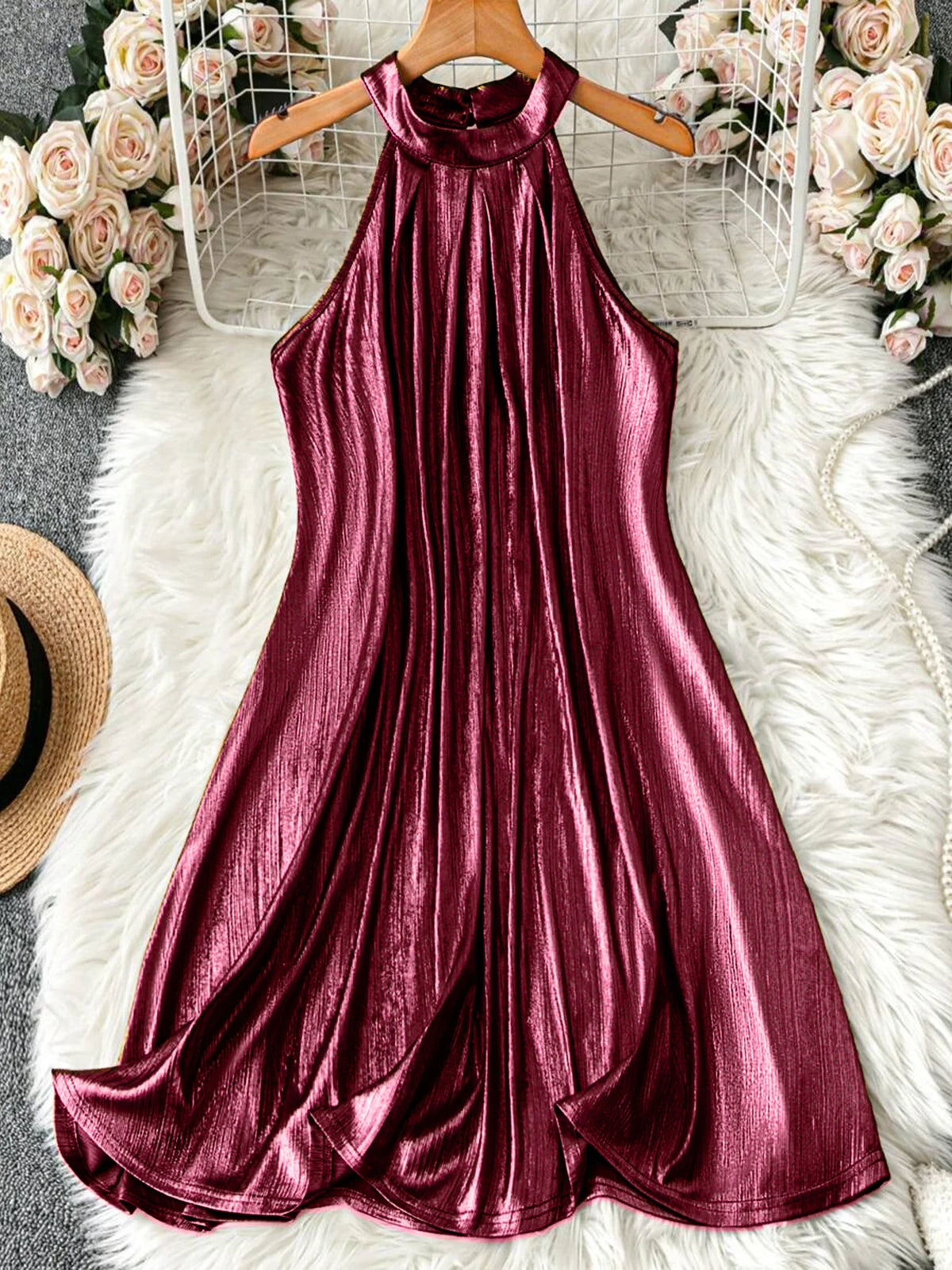 Women Sequined Sleeveless Cocktail Dress Elegant Polyester Party Evening Wear