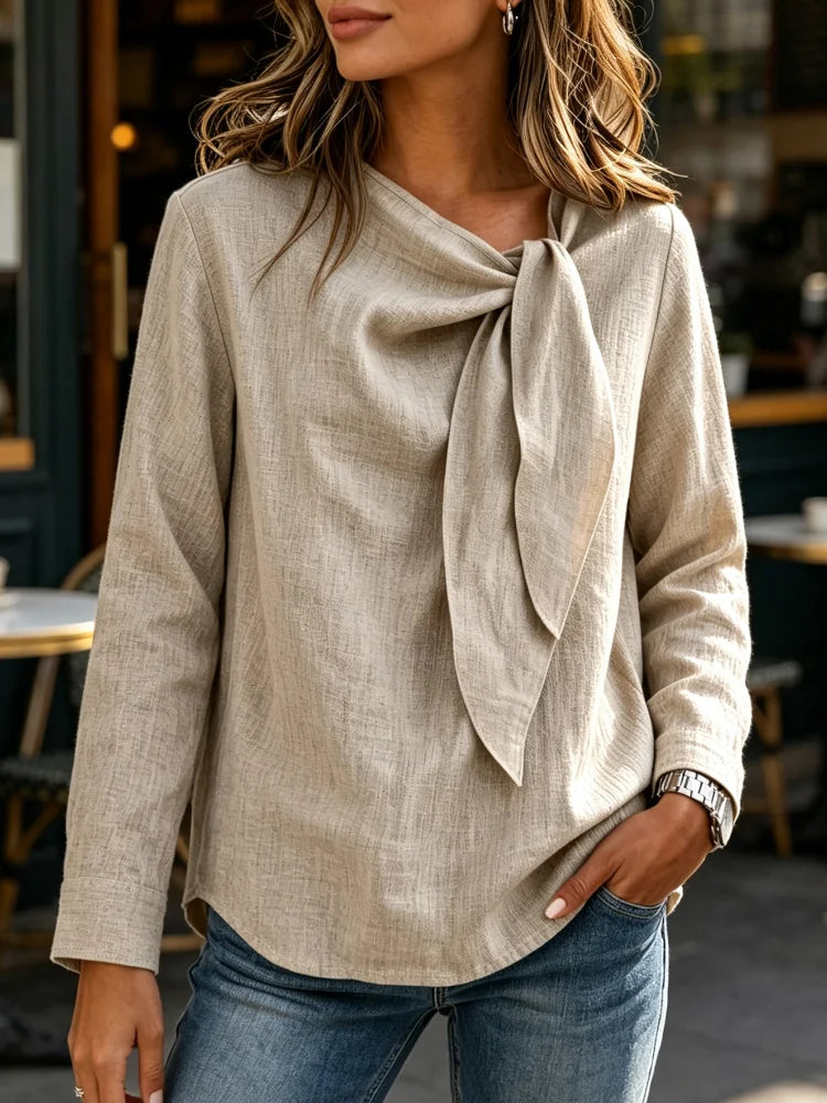Women's Loose Linen Blended V Neck Long Sleeve Shirt