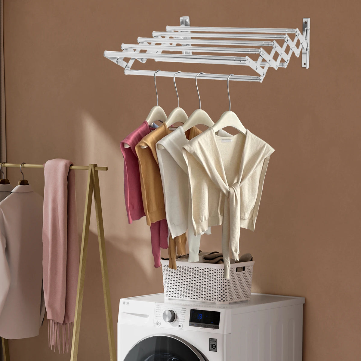 Stainless Steel Wall Mounted Clothes Drying Rack 40kg Load 7 Telescopic Rods Expandable Space Foldable Garment Organizer