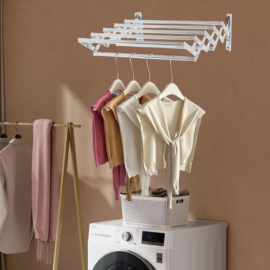 Stainless Steel Wall Mounted Clothes Drying Rack 40kg Load 7 Telescopic Rods Expandable Space Foldable Garment Organizer