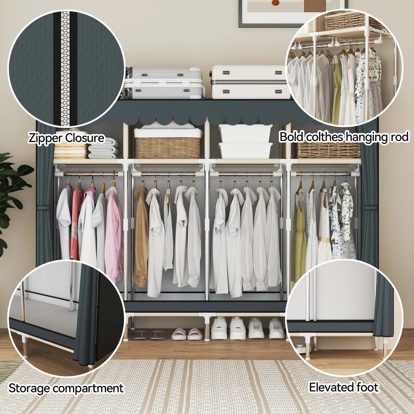 Heavy Duty Fabric Wardrobe 78.7x17.7x66.9in - 4 Hanging Rods & 4 Storage Spaces, 16mm Metal Frame with Thick Dust Cover
