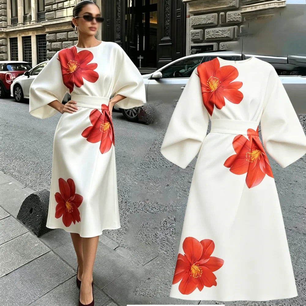 Satin Puff Sleeve Round Neck Tie-Dye Dress