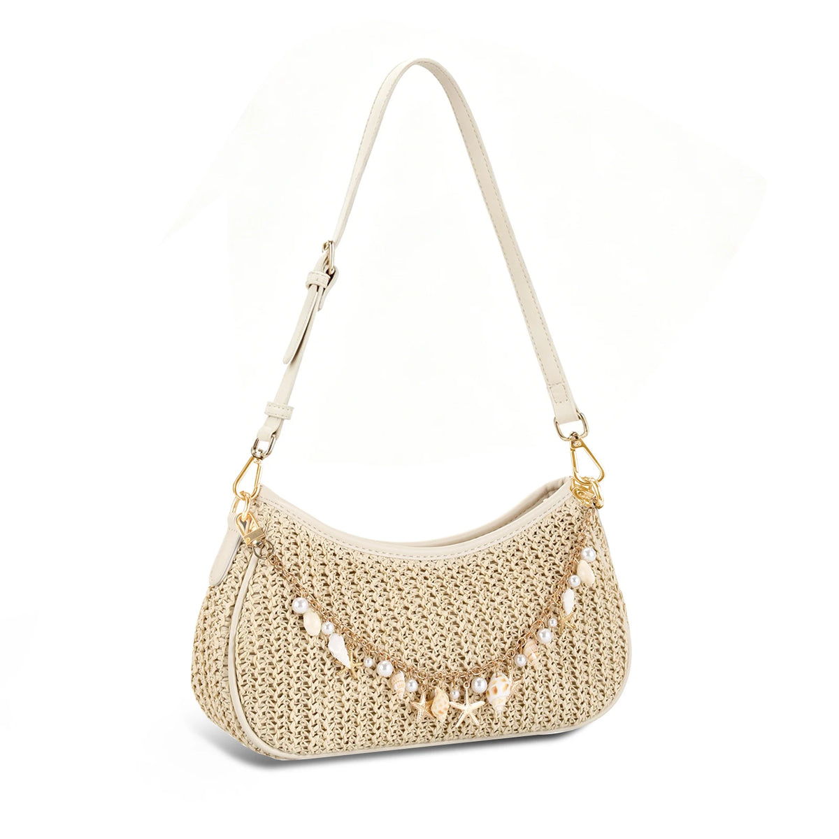 Bohemian Straw Shoulder Bag With Shells And Starfish