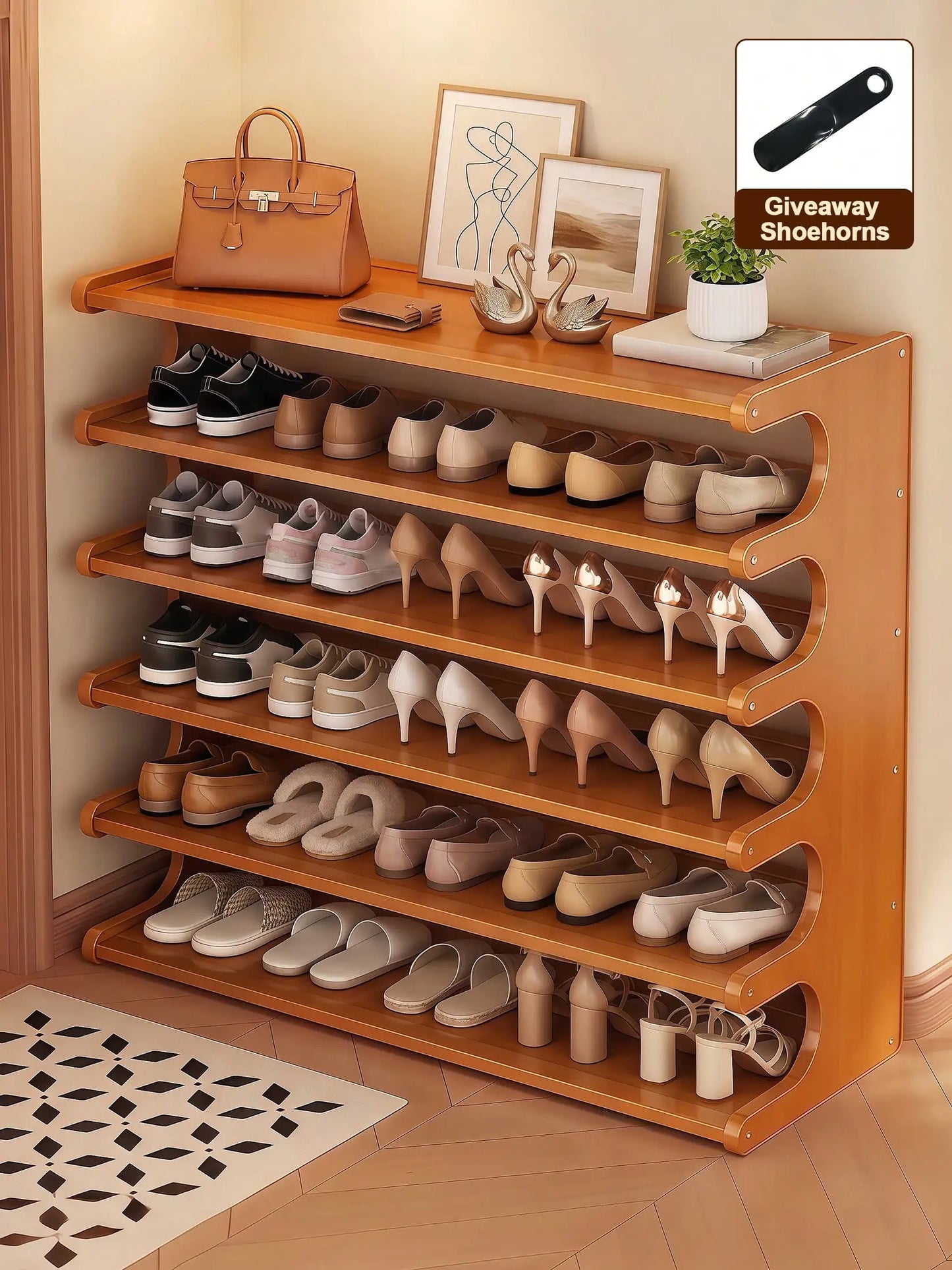 6-Tier Bamboo Shoe Rack for Closet, Freestanding Shoe Organizer Shelf with Elegant Arc Design, Space Saving Entryway Storage Rack, Natural Brown