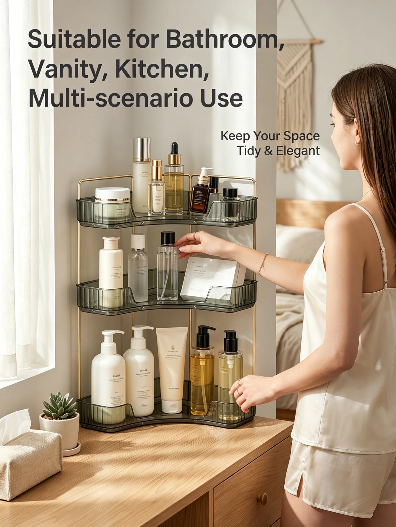 Corner Bathroom Countertop Organizer Three Bathroom Storage Rack | Countertop Storage with Hooks Perfume Organizer Cosmetics and Skincare Storage Rack - Gray-Green Tone