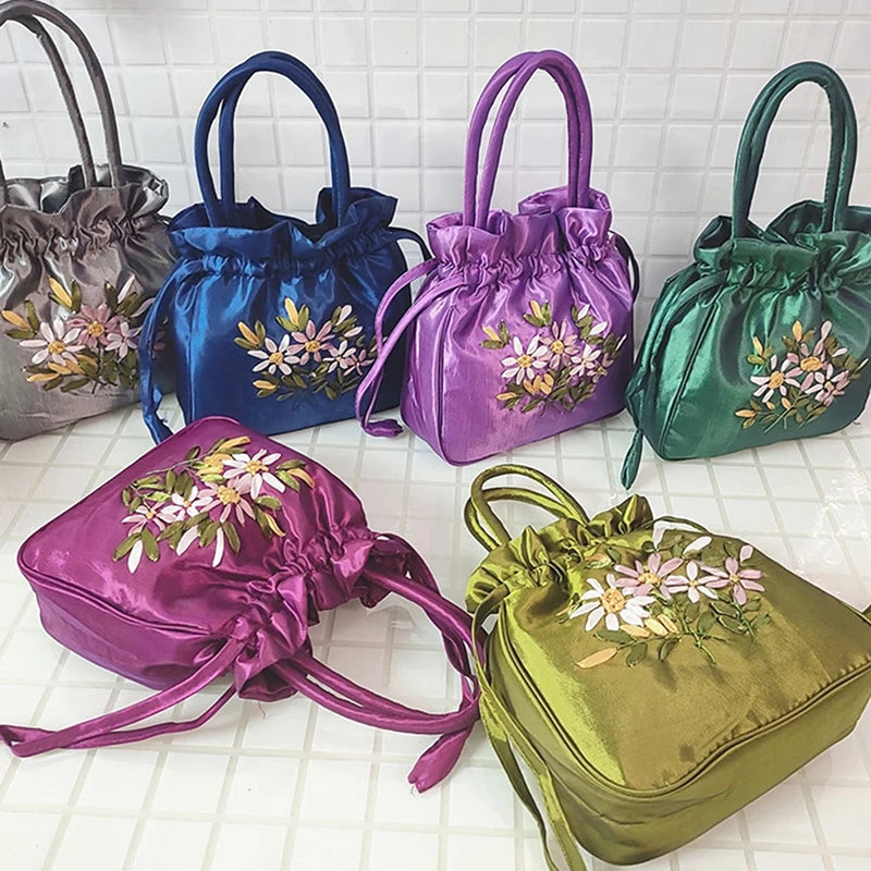 National Style Embroidered Flower Bucket Bag With Drawstring