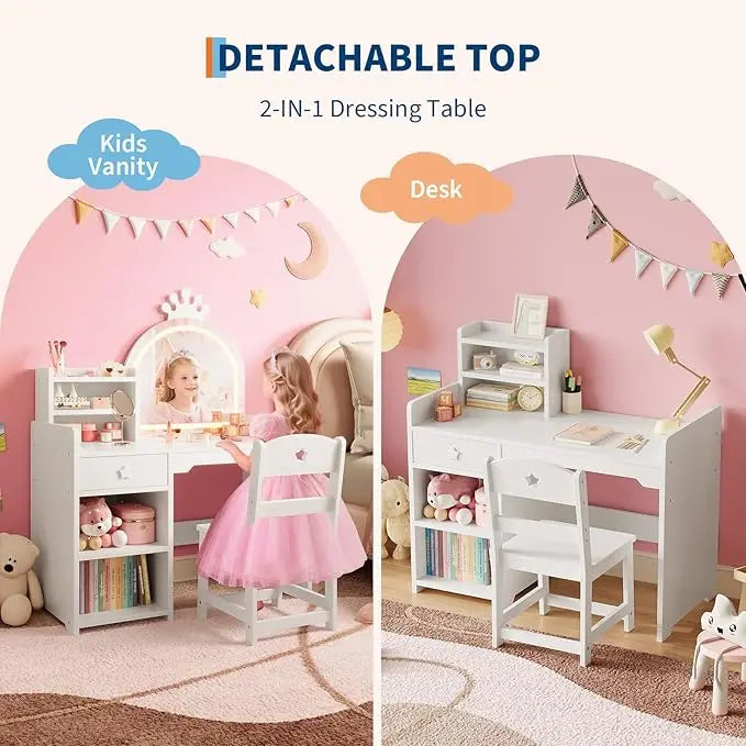 Kids Vanity with Lights, 2 in 1 Princess Makeup Vanity Desk & Chair Set, Toddler Vanity Table with Open Bookshelf for Girls