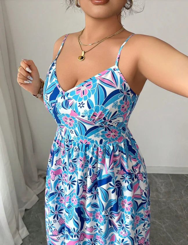 Plus Size Blue White Floral Camisole Dress By None