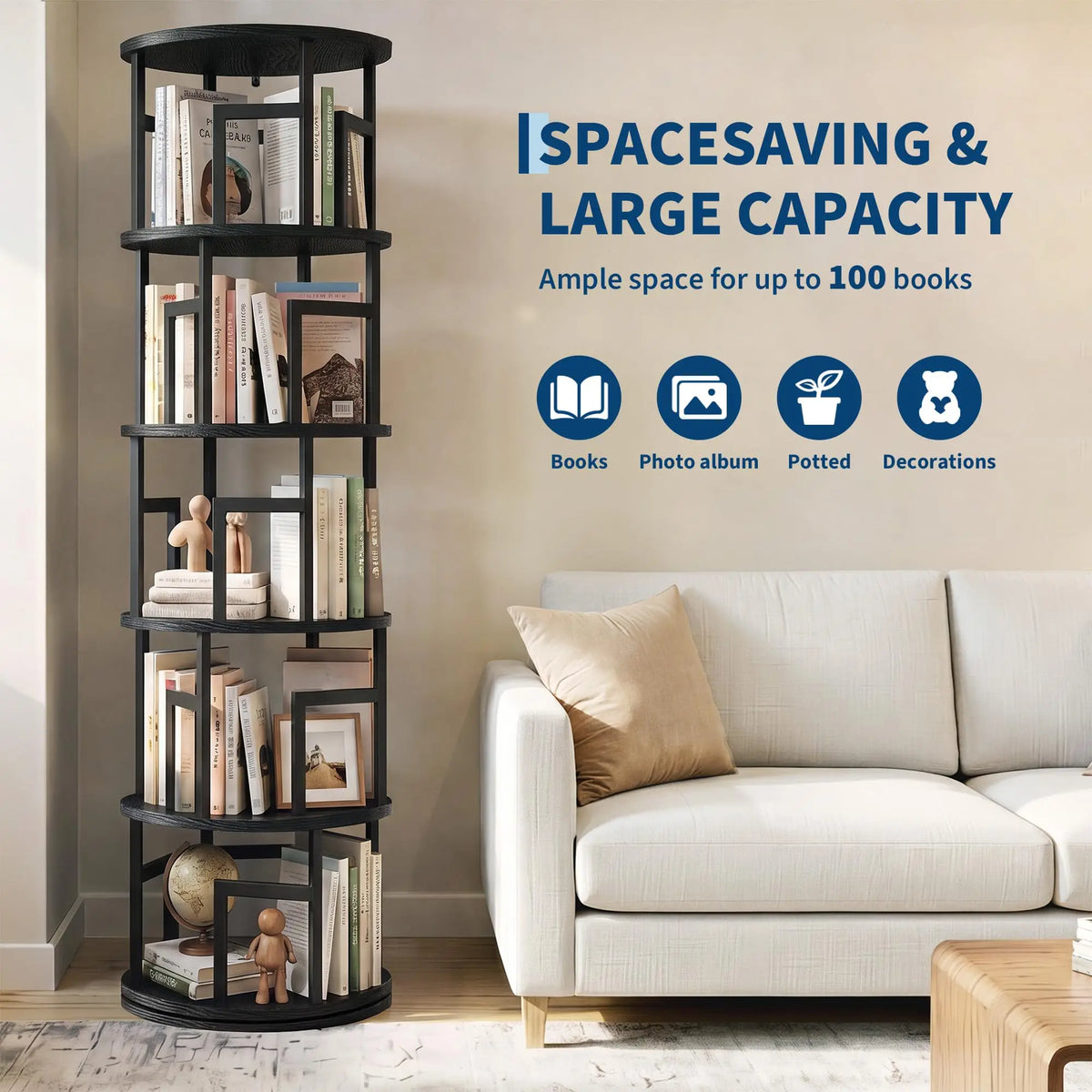 5-Tier Rotating Bookshelf Tower, 360° Spinning Corner Bookcase Holds 100+ Books, 63in Narrow Floor Storage Shelf For Home Office
