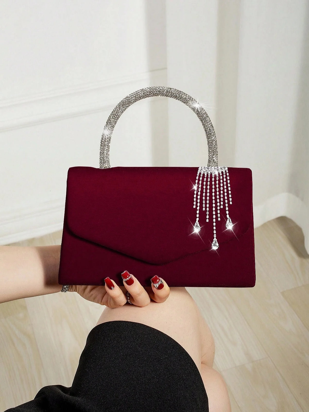 Women's Velvet Envelope Clutch With Rhinestone Tassel Pendant Bag