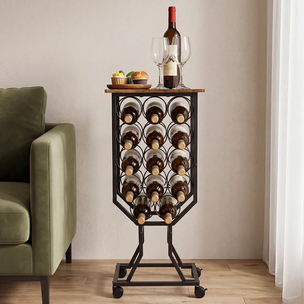 Industrial Freestanding Wine Rack with Wheels, Rustic Wood Top Metal Wine Storage Organizer, Mobile Floor Wine Holder for Bar , Kitchen Pantry & Restaurant Decor