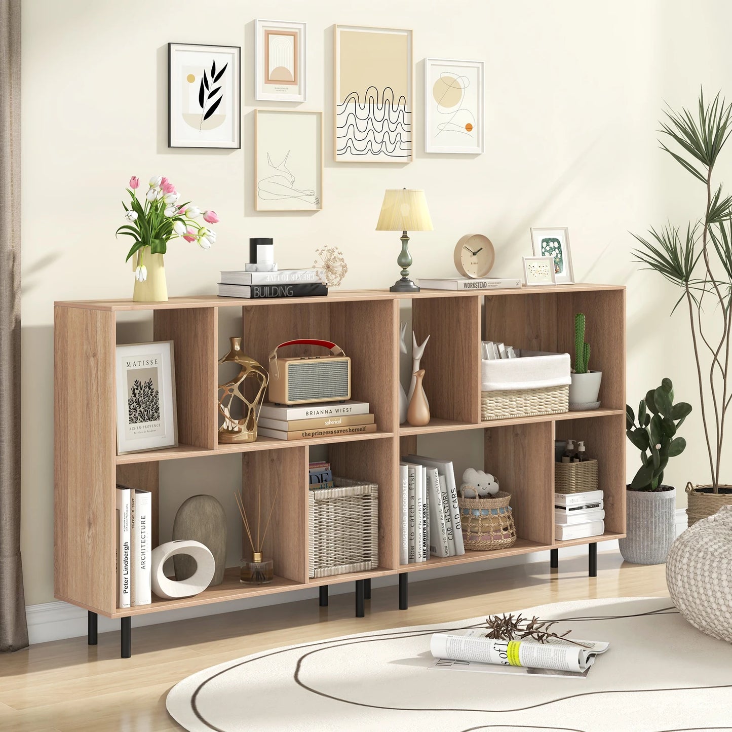 Open Shelf Bookcase Mid Century Modern Cube Bookshelf with 4 Compartments