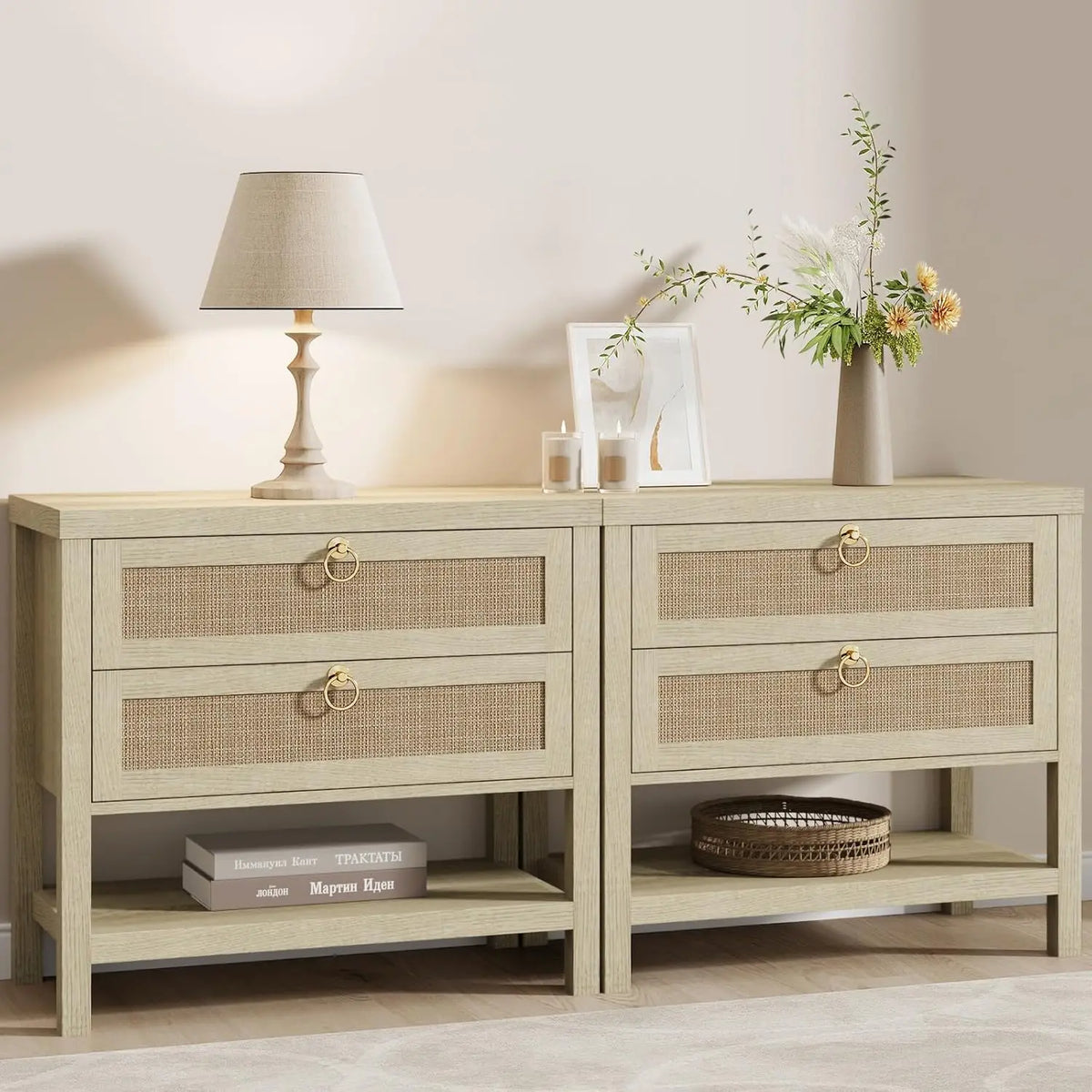 Large White Rattan Nightstands Set of 2, Boho Style with Drawers & Storage Shelf Bedroom Bedside End Table, Custom
