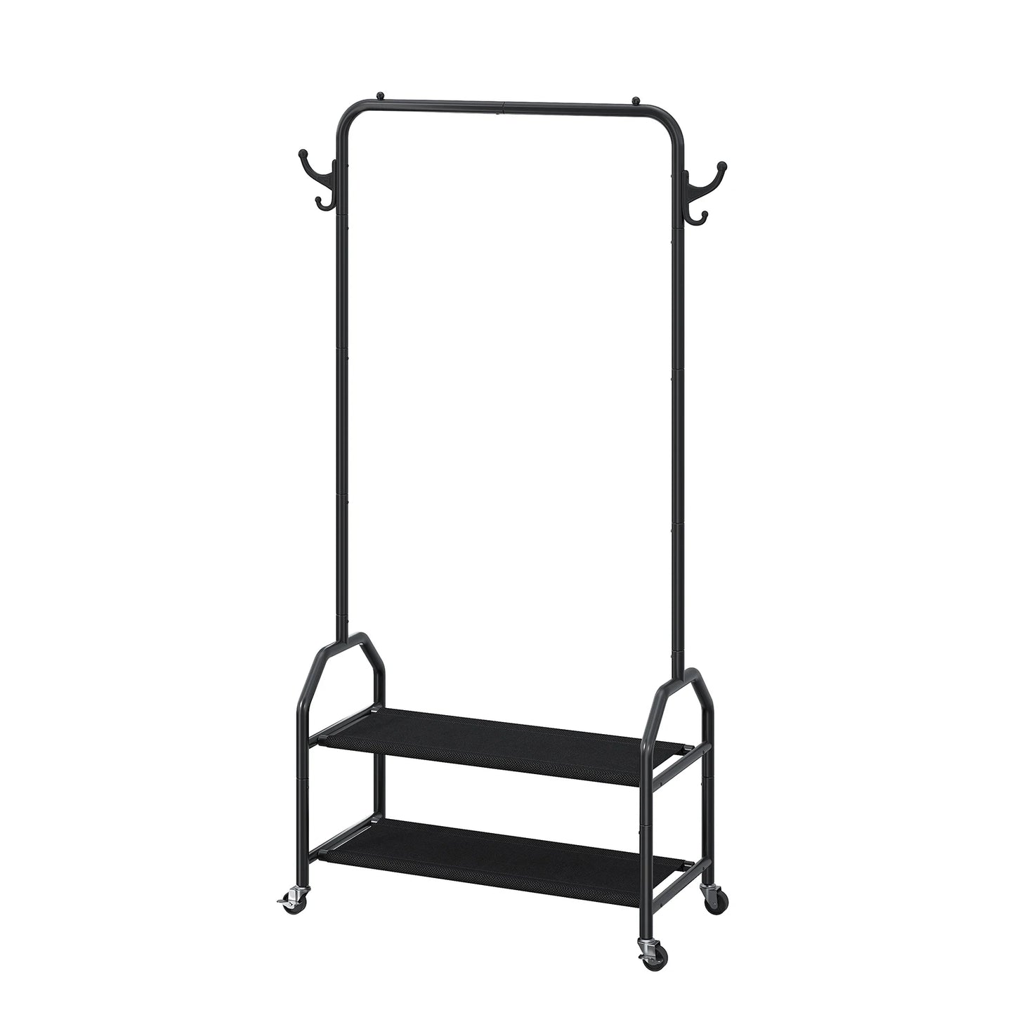 Clothes Rack with 2 Tier Shelves Iron Rolling Clothes Hanger with Universal Wheels Laundry Rack for Bedroom Laundry Living Room