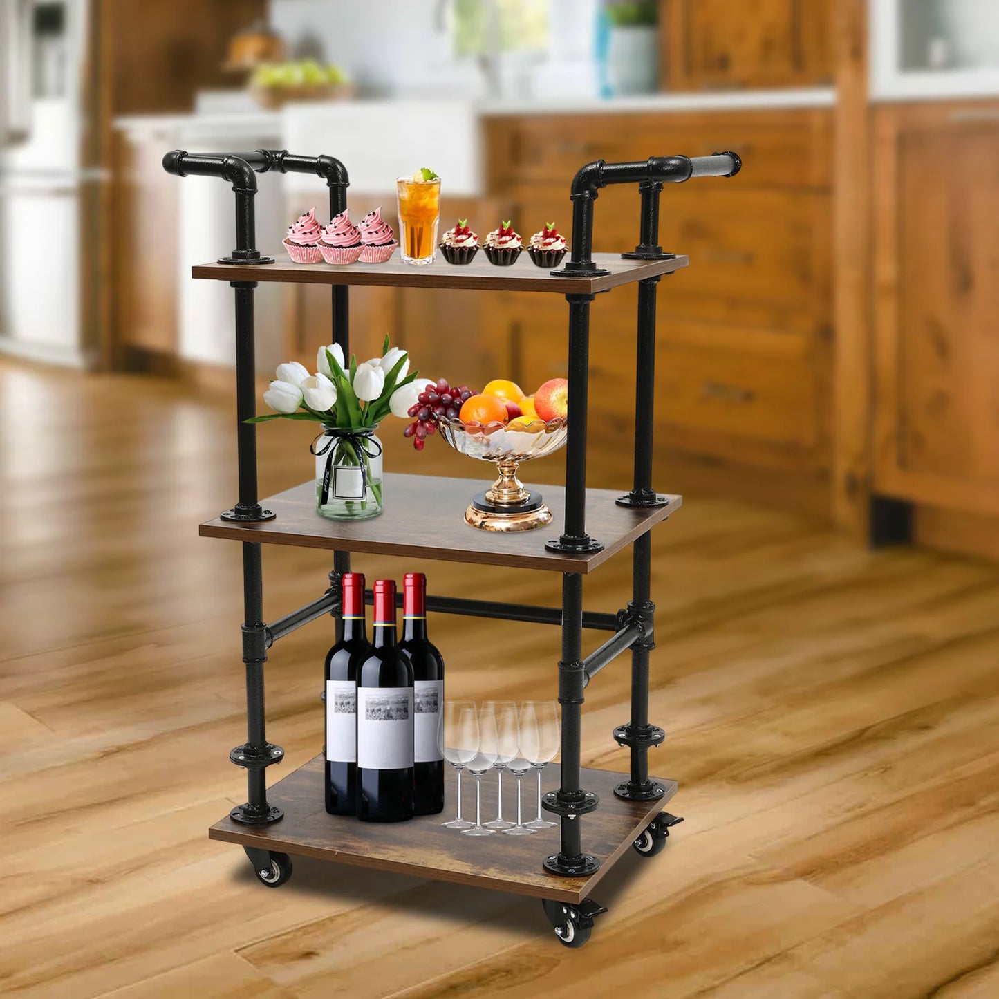 3 Tiers Industrial Bar Carts on Wheels with Storage Kitchen Foldable Storage Rack  Wine Tea Liquor Shelves for Kitchens, Bars, Living Rooms, Bedrooms